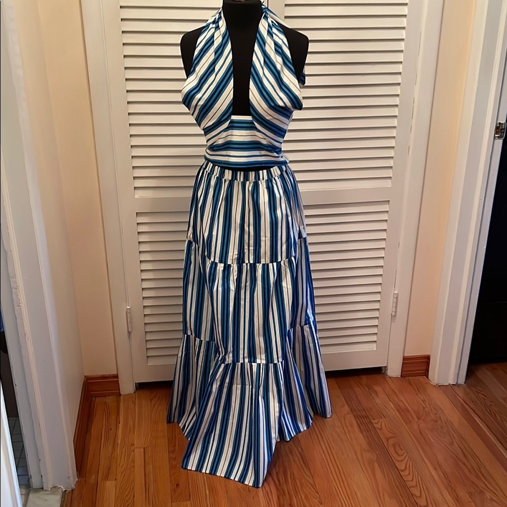 NWT SOLID & STRIPED Blue White Halter top with skirt Resort Wear 2 piece set